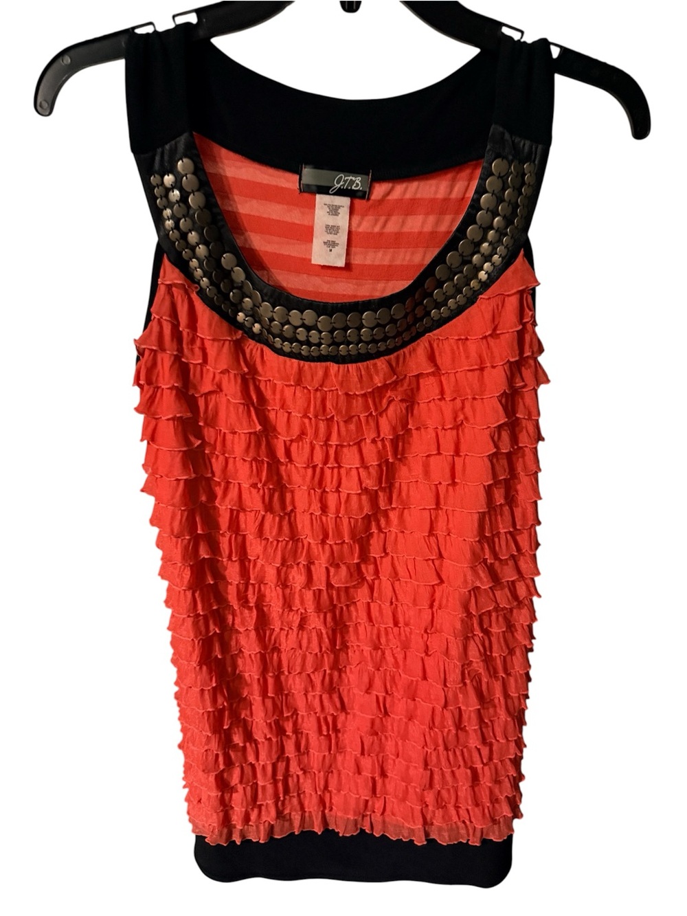J.T.B. Coral Ruffle Tunic with Studded Neckline Sz. M